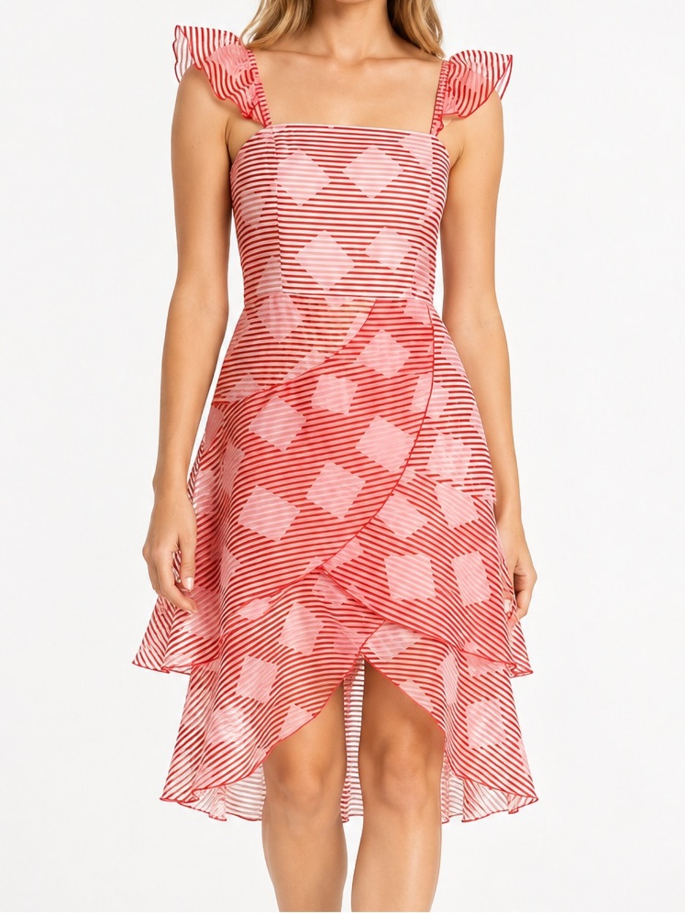 Alice + Olivia Azura Striped Waterfall Ruffle Dress Pink Red Size 2